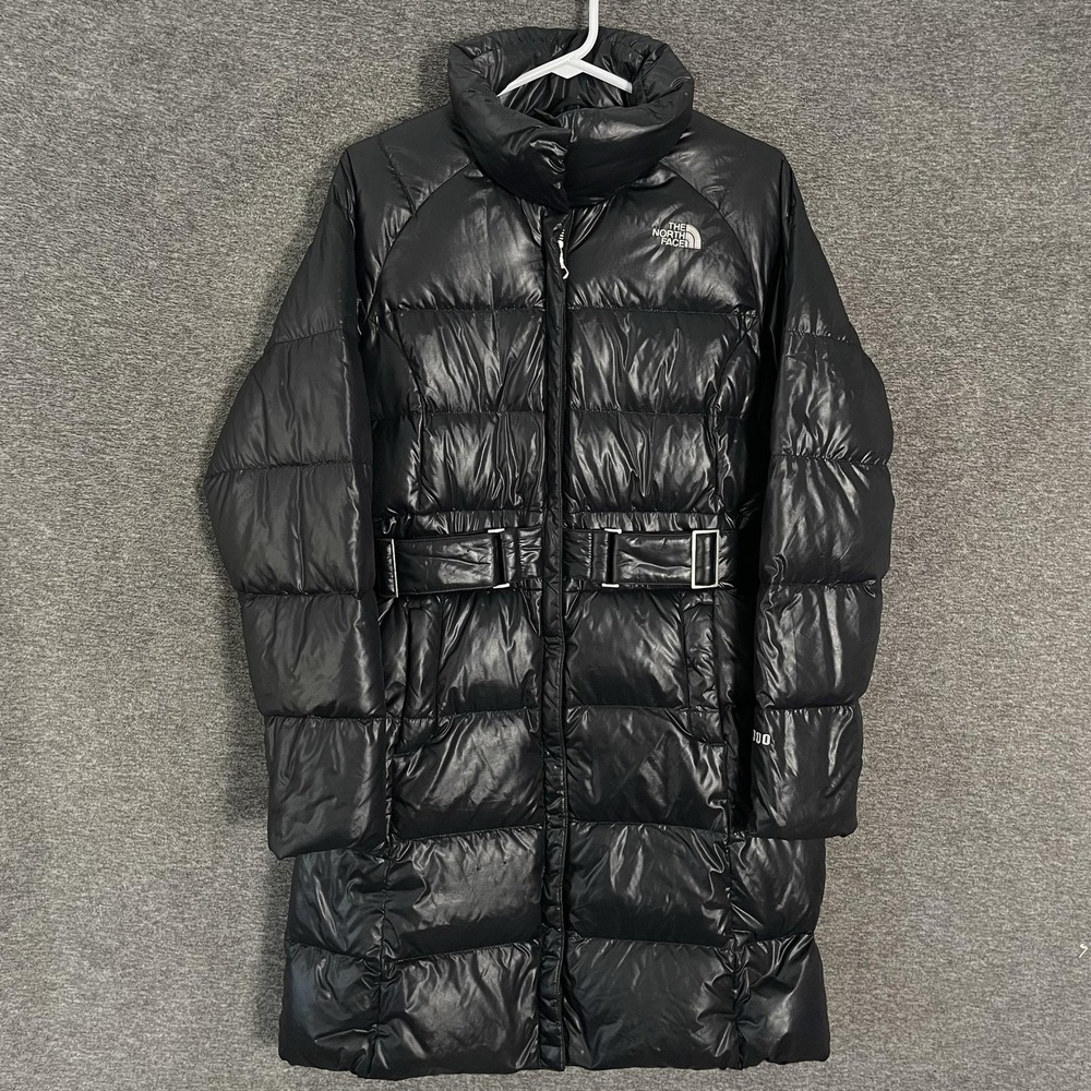 The North Face Down Puffer Coat Womens Small Black Long 600 Fill Belted Warm